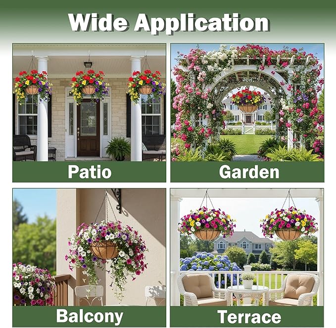 4 Pack 12 Inch Hanging Baskets for Plants Outdoor Metal Hanging Planter Basket with Coco Coir Liner Hanging Flower Baskets Hangings Flower Pots Holder for Garden, Patio(Flower)