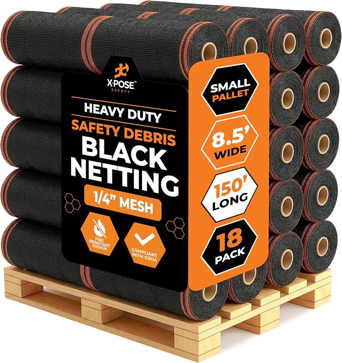 Xpose Safety Construction Safety Netting – 8.5' x 150', 1/4" Mesh Scaffold Safety Net, Temporary Material Roll, Visibility Fence, Heavy-Duty Fire Retardant, Black (18-Pack)