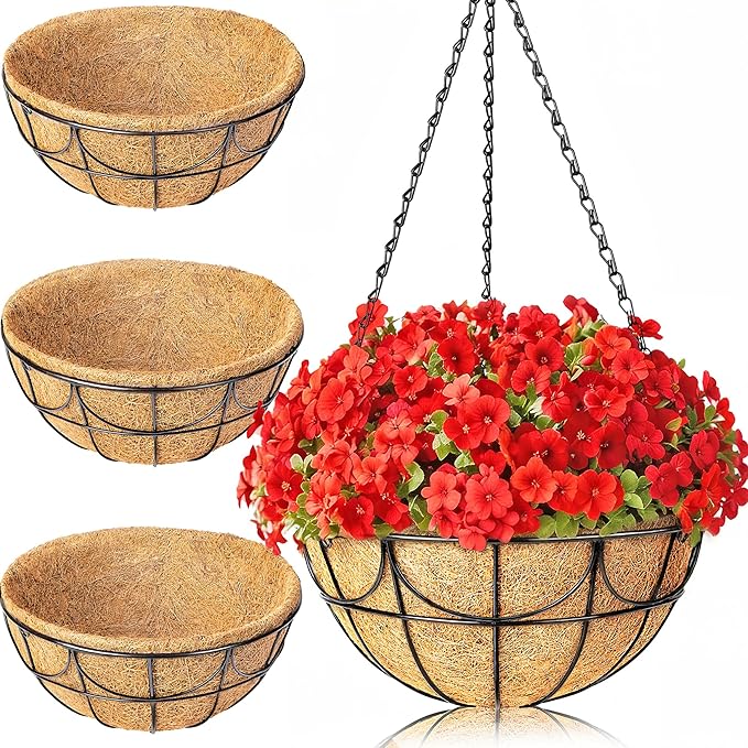 13.5 Inch 3 Pack Hanging Baskets Planters for Outdoor Plants - Wire Hanging Baskets Plant for Plants Outdoor with Coco Liners Minimalist Metal Hanging Pots for Outside Garden Patio Porch Decor