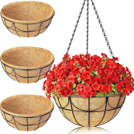 12 Inch 3 Pack Hanging Baskets Planters for Outdoor Plants - Wire Hanging Baskets Plant for Plants Outdoor with Coco Liners Minimalist Metal Hanging Pots for Outside Garden Patio Porch Decor