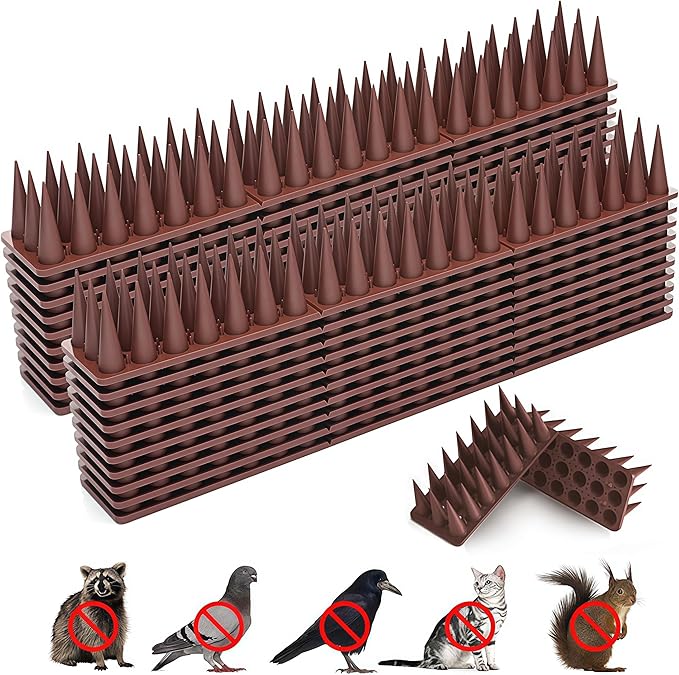 BORHOOD Bird Spikes, 30 Pack Robin Deterrent for Small Pigeon Squirrel Raccoon Cats Defender for Outside to Keep Birds Away, Plastic Fence Spike for Railing and Roof-Brown