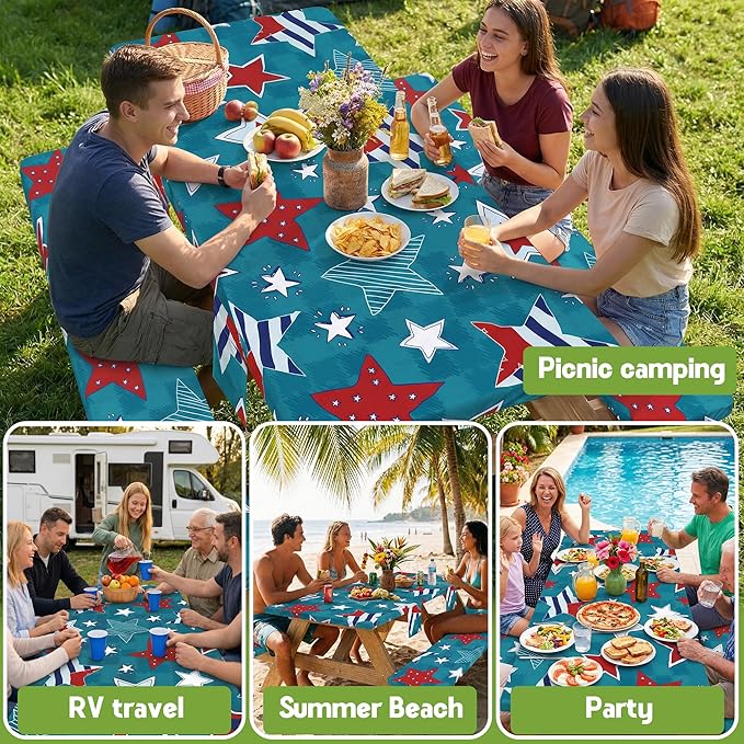 Picnic Table Cover with Bench Covers Camping Essentials Waterproof Windproof Fitted Tables and Seats Set Patio Outdoor Must Haves Stuff Tablecloth Kit Rv Owner Camper Overlanding Activities Gadgets