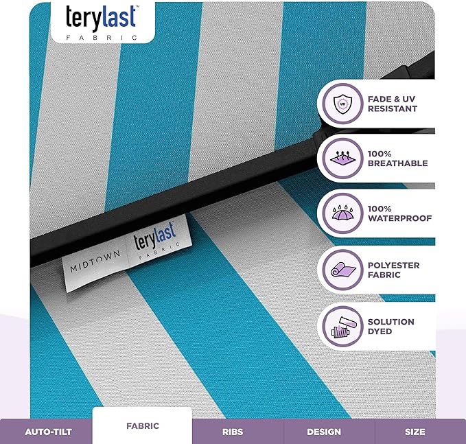 Midtown Umbrellas - 10-Year-No-Fade 10 Ft Patio Umbrella with Terylast Fabric, Auto-Tilt Aluminum Frame and 8 Reinforced Ribs for Deck, Pool, Garden & Beach - Blue/White Stripes Canopy, Black Pole