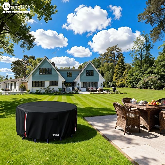 Round Patio Furniture Covers,600D Heavy Duty Waterproof Outdoor Furniture Cover for Round Dining Table with Rocking Swivel Chairs Set,62" Dia x 28" H Black