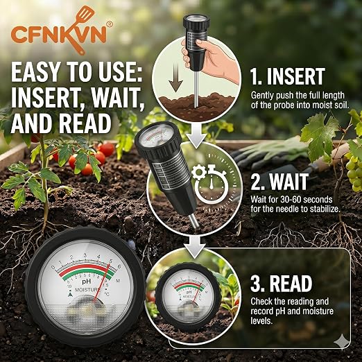 Soil PH Meter & Soil Moisture Meter - 295mm Long Metal Probe Soil Tester for Acidity and Moisture, Self-Powered Plant Water Sensor for Garden, Lawn, Farm, Indoor & Outdoor Use