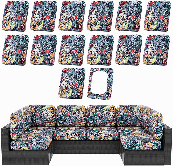 hyha 14Pcs Patio Cushion Covers, Stretch Outdoor Couch Cushion Covers Replacement, Washable Outdoor Chair/Sofa Slipcovers for Patio Furniture Cushions Protector with Elastic Bottom(Paisley,Cover Only)