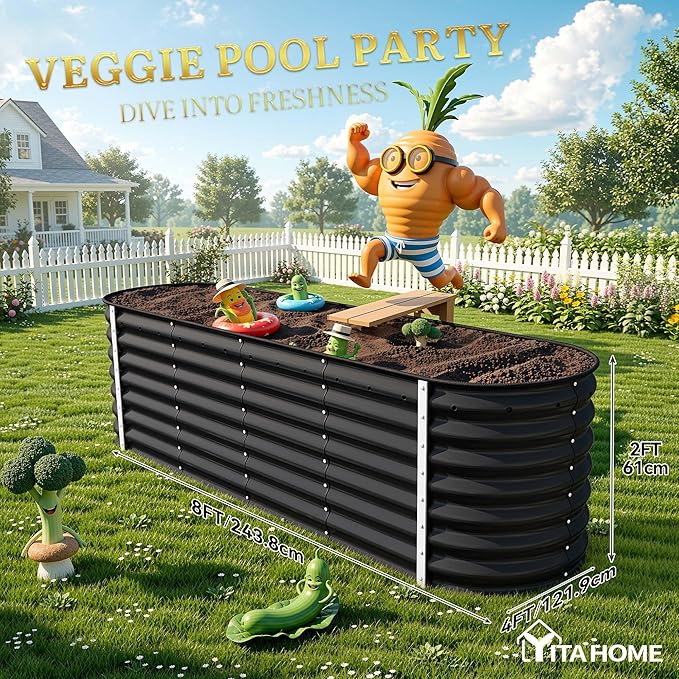 YITAHOME 8x2x2ft Raised Garden Bed Kit, 24" Tall 9 in 1 Large Galvanized Metal Planter Box with Gloves, Safety Rubber & Support Rod, Outdoor Flower Bed for Plants Vegetables Flowers, Black