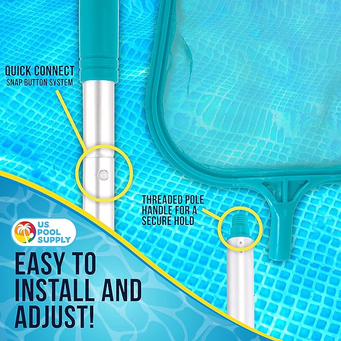 U.S. Pool Supply Swimming Pool 5 Foot Total Length Leaf Skimmer Net with 5-9" Connecting Aluminum Pole Sections - Fine Mesh Netting for Fast Cleaning of Debris - Clean Spas & Ponds