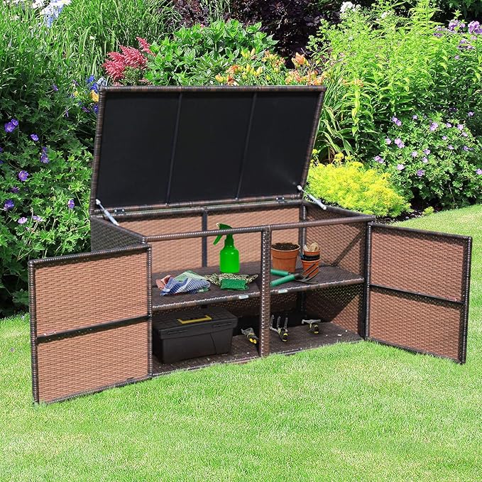 Tangkula 73 Gallon Outdoor Wicker Storage Box, Garden Deck Bin with Steel Frame, Rattan Storage Box with Lid, Ideal for Storing Tools, Accessories