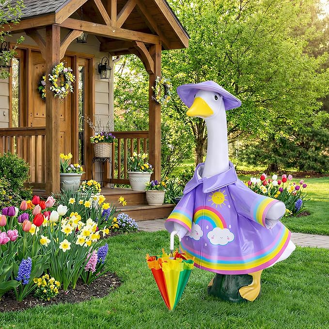 DECOHS 3 Pcs/Set Raincoat Porch Goose Outfits, Summer Lawn Goose Statue Raincoat Costume, Yard Goose Clothes Raincoats Umbrella Hat Outfit for 23" Statue Patio Garden Decoration (Purple Rainbow)