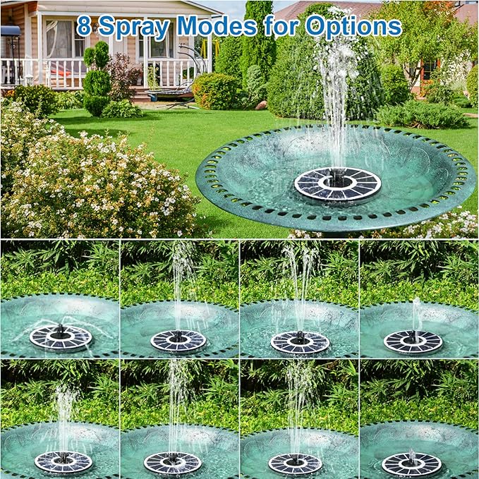 3.5W Solar Fountain with 2000mAh Battery - Work On Cloudy Days - Upgrade Glass Panel Solar Bird Bath Fountain, Hummingbird Water Feature Pump with 7 Nozzles, 4 Fixed Pipes for Garden, Pool