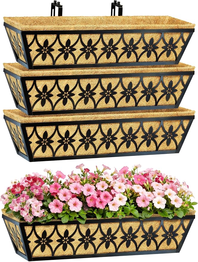 24 Inch Window Boxes Planters Railing Planter Box - 4 Pack Deck Railing Planter Boxes with Adjustable Brackets Coco Liners Balcony Planters Railing Hanging for Window Flower Boxes Outdoor Garden Decor
