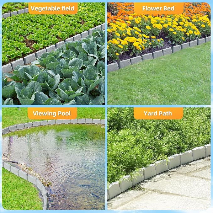 16 Pack(24FT) Landscape Edging, 48 Spikes, Flexible Plastic Border for Outdoor, Walkway, Lawn & Weed Control | 24ft L x 3in H Faux Stone Edging for Landscaping,Garden Edging Border Stone(Gray) ﻿﻿