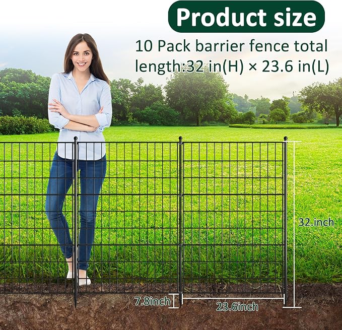 Garden Fence 10 Pack No Dig Metal Panels 32"(H) x 23.6 ft(L) Total, Rustproof Arched Decorative Dog Fence Outdoor for Yard, Animal Barrier for Flower Bed Border, Patio & Backyard Edging