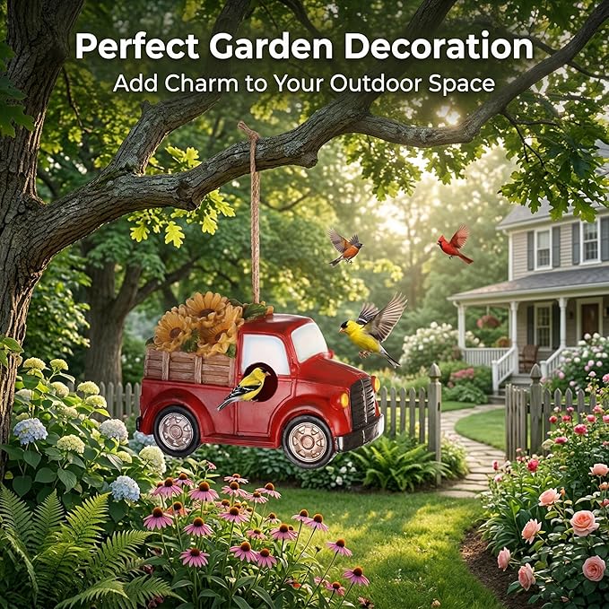 Polystone Resin Bird House Outdoor Garden Bird House, Red Truck with Flowers