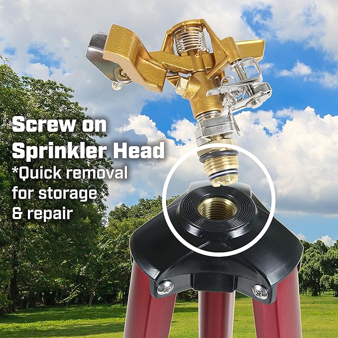 Chapin 4993: Heavy Duty Brass Head Tripod Impact Lawn Sprinkler, 360 Degree Coverage for Large Lawns, Golf Courses, Gardens, Adjustable Height, Gooseneck Hose Connection, Red and Black