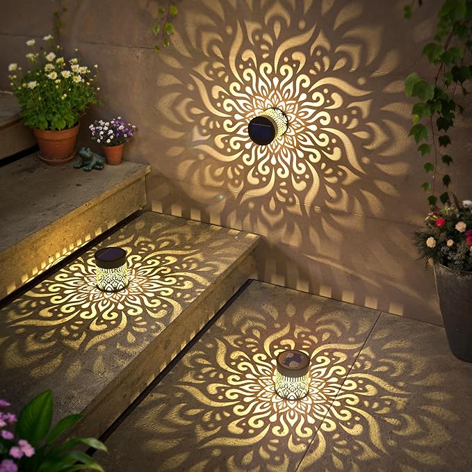 4 Pack Large Solar Fence Lights Metal Solar Powered Outdoor Wall Deck Step Lights Mandala Theme Waterproof Fence Light for Garden Post Patio Backyard Yard Decor, Gardening Gifts for Women Mom Grandma