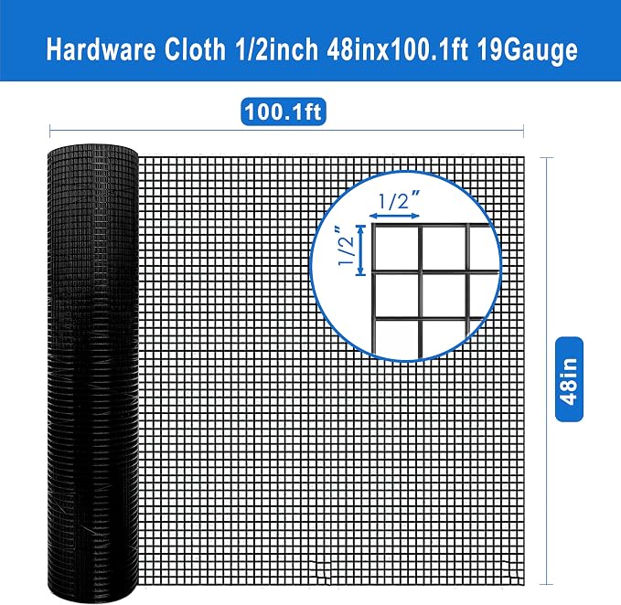 Black Hardware Cloth 1/2 in 48 in x 100.1 ft 19 Gauge - Chicken Wire Fencing, PVC Vinyl Coated Hardware Cloth, Mesh Garden Fencing Welded Wire Mesh Roll & Wire Cloth Gopher Wire