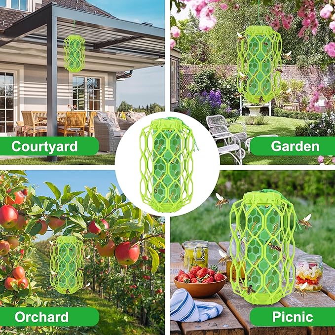 Sancodee 2 Pack Upgraded Wasp Trap Outdoor Hanging, Carpenter Bee and Hornet Catcher, Reusable Yellow Jacket Trap with Bait Reservoir, Bee Killer and Wasp Catcher for Outside (Green)