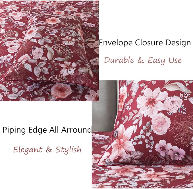 FADFAY Rose Floral Sheets Cal King Vintage Red Floral Bedding Shabby Pink Peony Sheets Farmhouse Bedding 800 Thread Count 100% Egyptian Cotton Soft Deep Pocket Fitted Sheet 4Pcs, California King Size