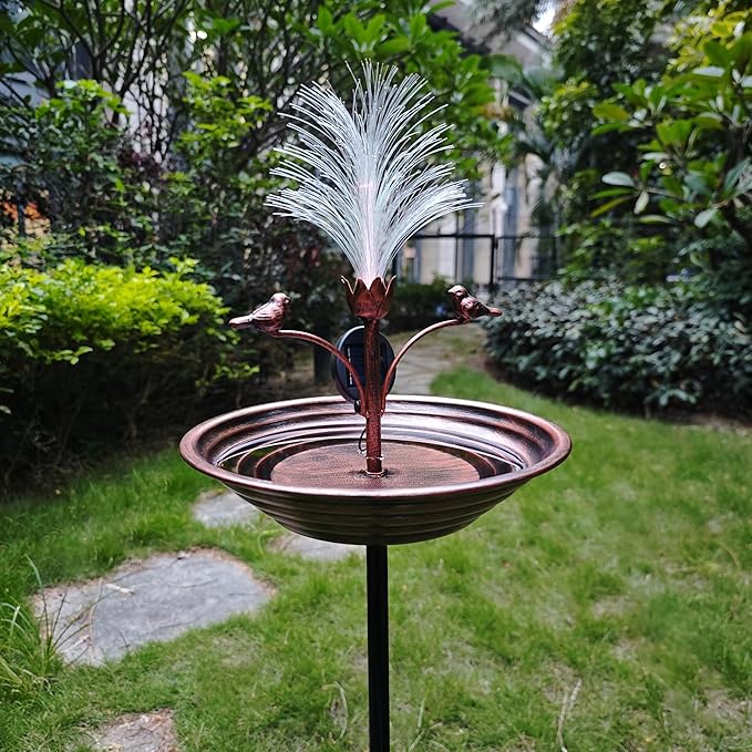 JOYBEE 43In Metal Solar Bird Bathtub with Optical Fiber -Bird Baths Feeder Bowl for Outside, Vintage Freestanding Birdbaths, Bird Baths Outdoor Stake for Garden Patio Yard Lawn Decor (Brown)