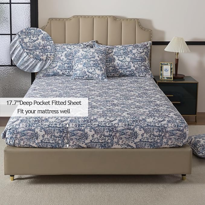 FADFAY Blue Toile Sheets Set Twin French Country Vintage Farmhouse Bedding Exotic Scenic Chinoiserie Floral Bedding 100% Egyptian Cotton Soft Breathable Sheet Set with Deep Pocket Fitted Sheet 4Pcs