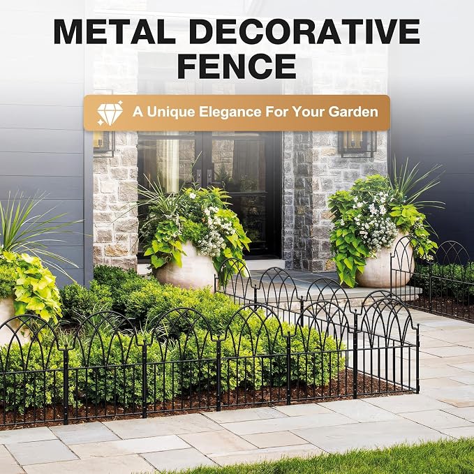 Garden Fence - 17 in(H) x 10.56ft(L) Arched Metal Fence Panel No Dig Fence, Ground Stake Animal Barrier Fence for Dog, Flower Bed Edging Wire Border Panel Fencing for Yard Patio Outdoor Decor