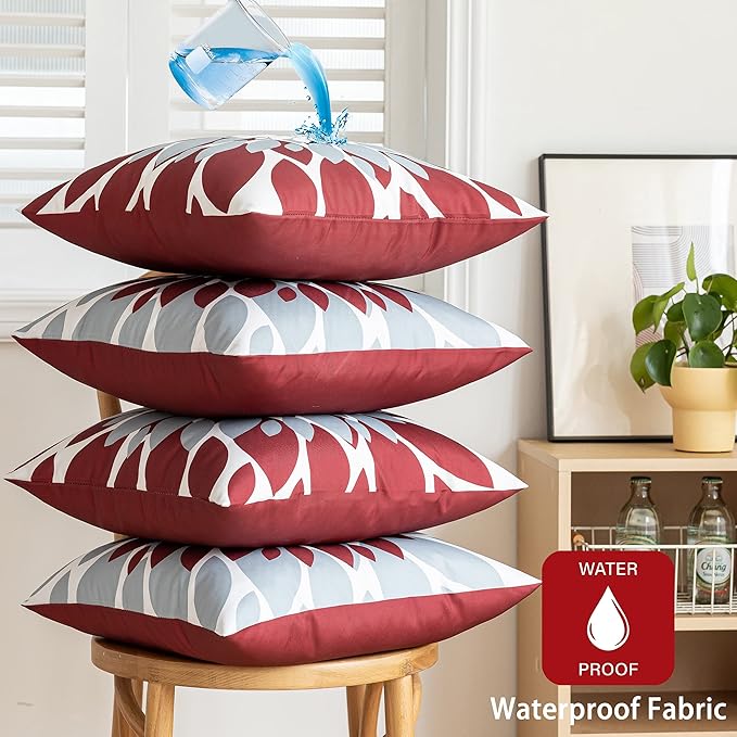 Qahing Pack of 4 Outdoor Waterproof Pillow Covers 24x24 Decorative Outdoor Throw Pillows Garden Square Cushion Cases for Patio Furniture, Couch, Tent Sunbrella, Bench, Burgundy Red Grey