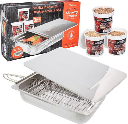 Camerons Original Stovetop Smoker - Smoker Box Gift Set w/Oak, Apple, Hickory Wood Chips & Recipes- Indoor Outdoor Use on Any Heat for Smoking Meats, Veggies & Seafood - Grilling Gift for Father's Day