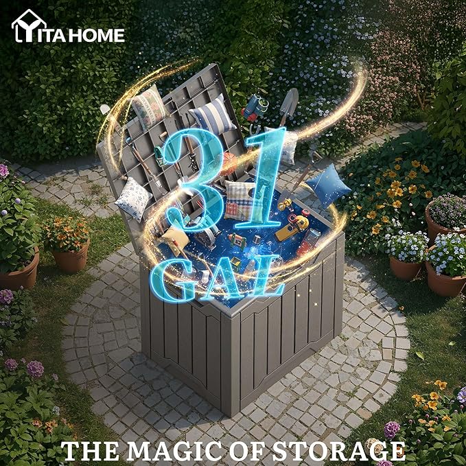 YITAHOME 31 Gallon Resin Deck Box Outdoor Storage Box and Waterproof Package Delivery Box with Lockable Lid forPatio Furniture, Garden Tools, Pool Supplies, Taupe