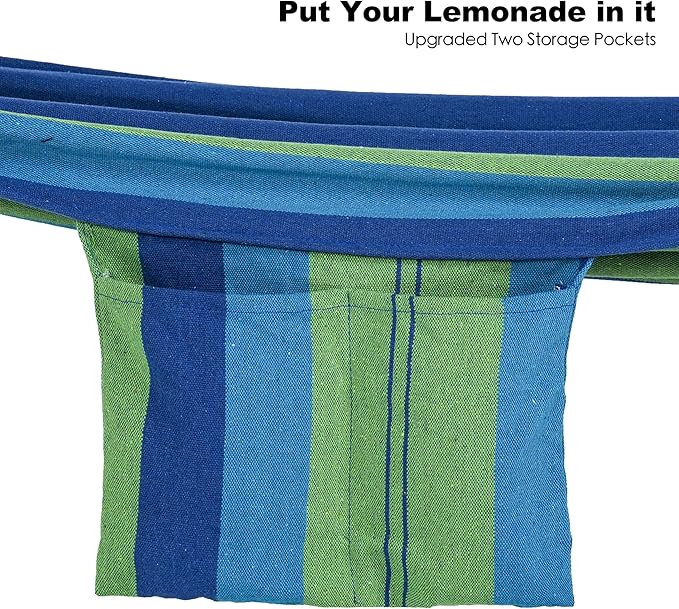 Gafete Double Hammock with Stand for Outside, Upgraded Spreader Bar, Heavy Duty Space Saving Steel Stand 2 Person, Side Pockets, Easy Assembly, 600lbs Weight Capacity, Indoor & Outdoor (Green Blue)