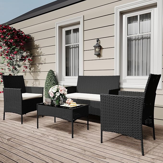 GAOMON 4 Piece Patio Furniture Set, Modern Patio Conversation Set with Glass Coffee Table, PE Wicker & Cushions for Poolside, Deck, Balcony, Black & Beige
