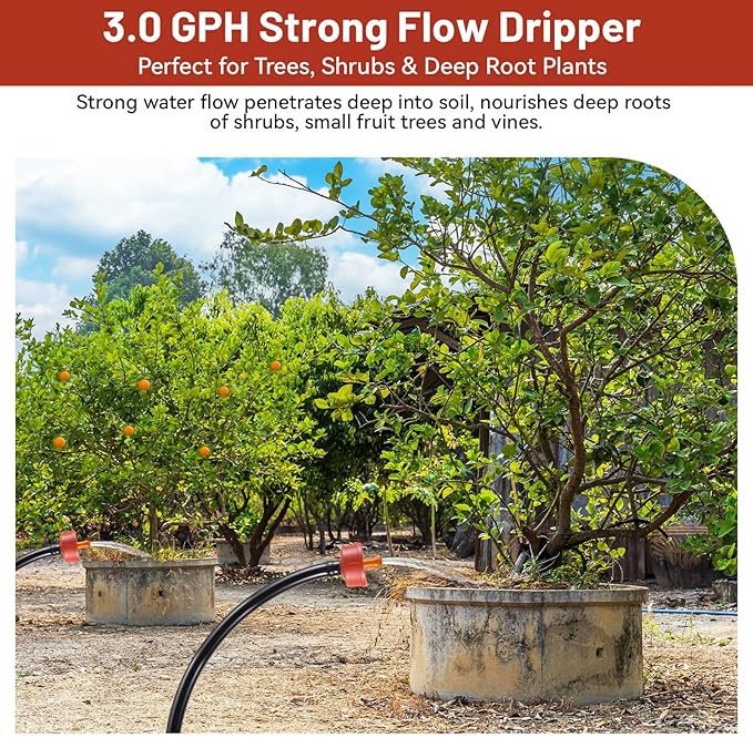 100 PCS 3 GPH Pressure Compensating Drip Irrigation Spot Dripper, High Flow Drip Irrigation Emitters Heads for Large Trees Bushes, Irrigation Drippers Parts for Orchard Large-Scale Outdoor Irrigation