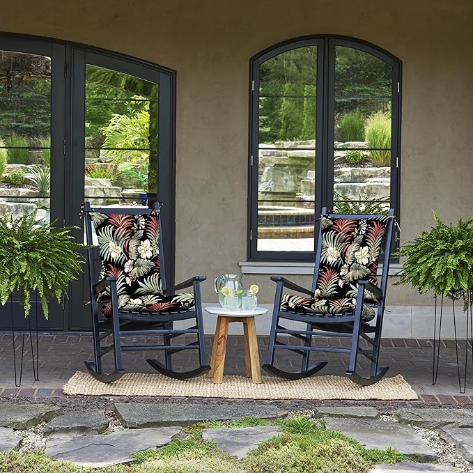 Arden Plush Indoor/Outdoor Rocking Chair Cushion Set, 18 x 20, Water Repellent, Fade Resistant, Tufted Cushion for Rocking Chairs Simone Black Tropical