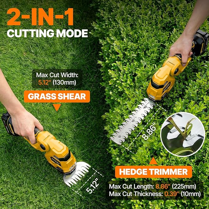 OGERY 21V Cordless Hedge Trimmer & Grass Shears, 2-in-1 Powerful Dual Batteries Electric Bush Trimmer with 8.9” Hedge Blade & 5.1” Grass Trimmer, Adjustable Angle, Lightweight for Garden & Lawn Care