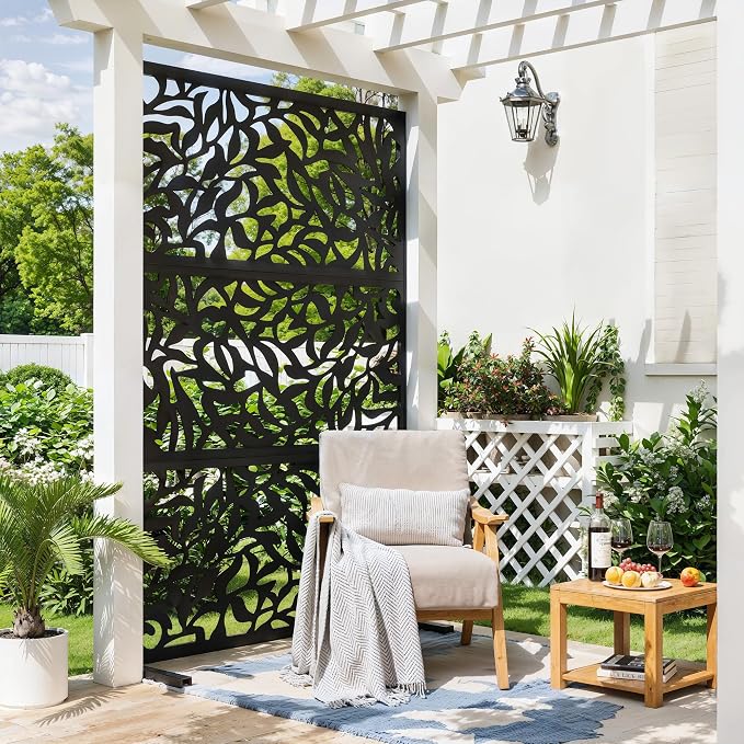 Garvee 72" H x 47" W Outdoor Metal Privacy Screen, Freestanding Laser Cut Decorative Fence Panel with Stand, Weatherproof Galvanized Steel Privacy Screens, for Patio Garden Balcony Backyard, Black
