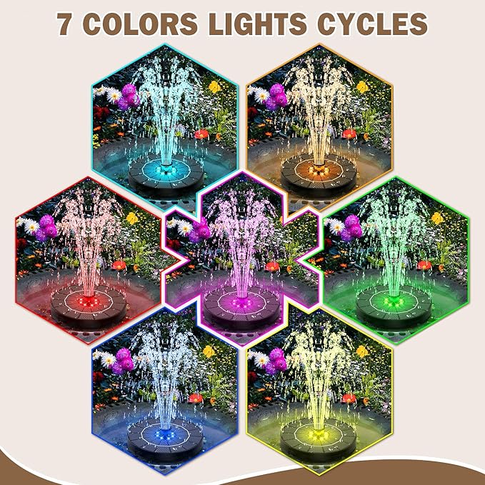 Yzert Solar Fountain for Bird Bath Colorful Lights Automatic Cycle 3.5W Solar Water Fountain Outdoor Garden 2200mAh Battery