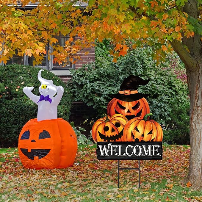 JarThenaAMCS Vintage Halloween Pumpkin Metal Garden Stake Evil Pumpkin Face Decorative Lawn Sign Spooky Welcome Yard Sign for Trick or Treat Home Outside Lawn Porch Decor