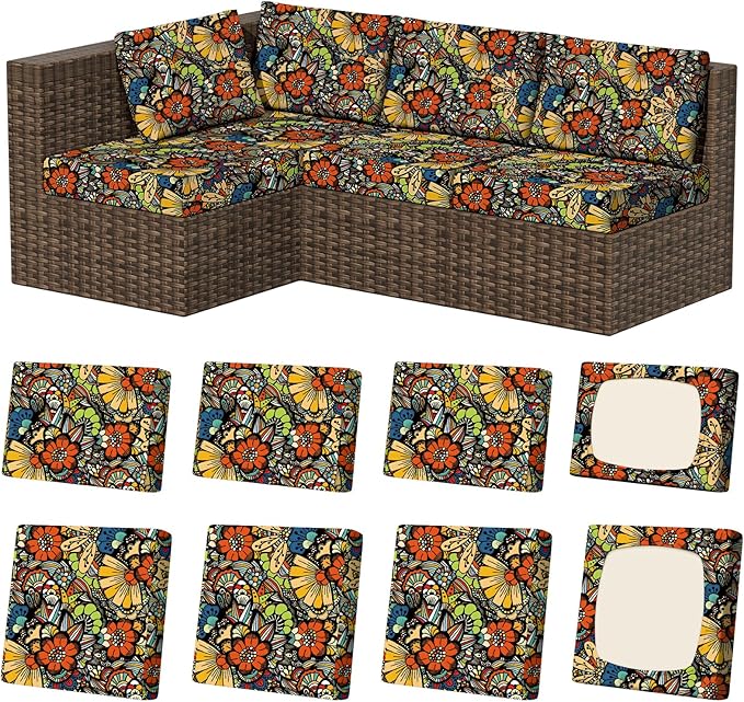 8Pcs Stretch Patio Cushion Covers, Outdoor Couch & Sofa Replacement Slipcovers for Patio Furniture Cushion Covers, Washable Reusable Furniture Protector