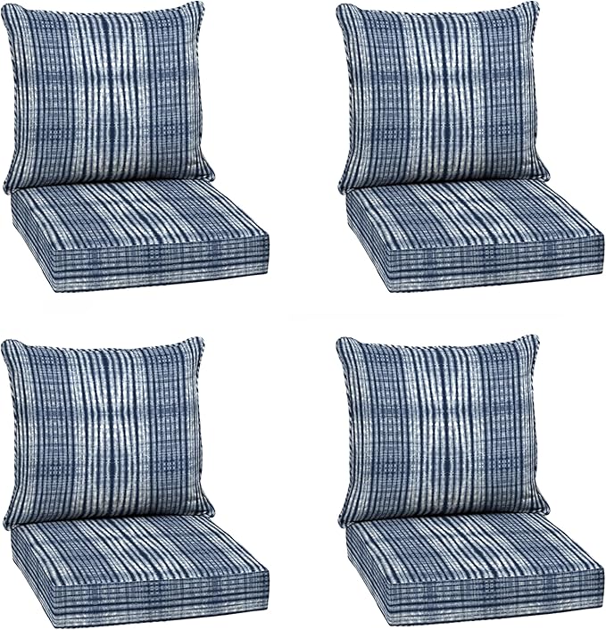 Arden Outdoor Deep Seat Cushion Set (4-Pack), 24 in x 24 in, Weather-Proof, Rain-Proof, Fade Resistant Patio Cushion for Chair, Sofa, and Couch Blue Shibori Stripe