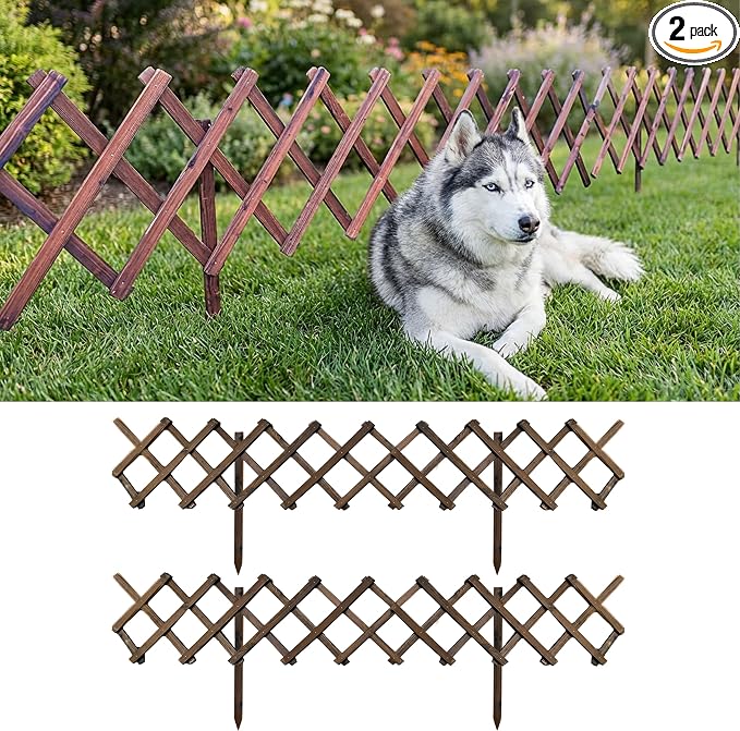 ShopLaLa Garden Fence (2 Pack, Total 12ft) Decorative Wooden Lattice Panels for Outdoor, Expandable Plant Support Trellis Flower Bed Edging Yard Lawn Landscape Border Decor Animal Barrier Wood Fencing