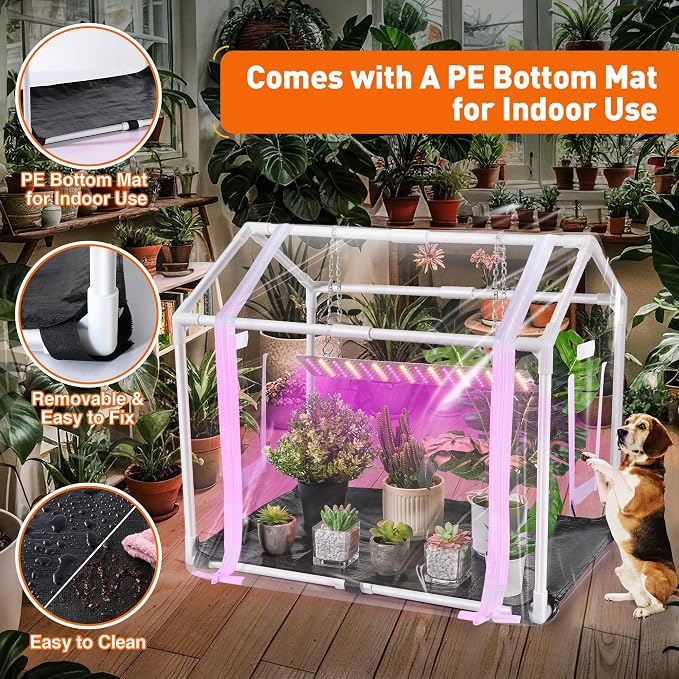 Meonum Mini Greenhouse with Grow Light, 23.6" L x 15.7" W x 19.6" H Portable Greenhouse with Waterproof Bottom Mat, Timer, 3 Light Color Mode for Indoor Outdoor Seed Starter Tray (Mini House Shape)