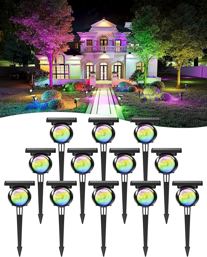 Monocular Solar Spot Lights Outdoor Waterproof, RGB+3CCT Solar Tree Spotlight, Bright Solar Uplights for Halloween Decorations Outdoor, Multicolor Garden Yard Landscape Path Lights [12Pack]