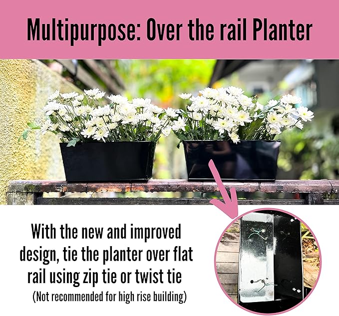LaLaGreen Rail Planter (16 Inch, 4 Pack) Rectangular Metal Hanging Flower Railing Fence Balcony Gardening for Apartment Patio Planters Outdoor Deck Decoration Garden Style Iron Porch Decor Pots