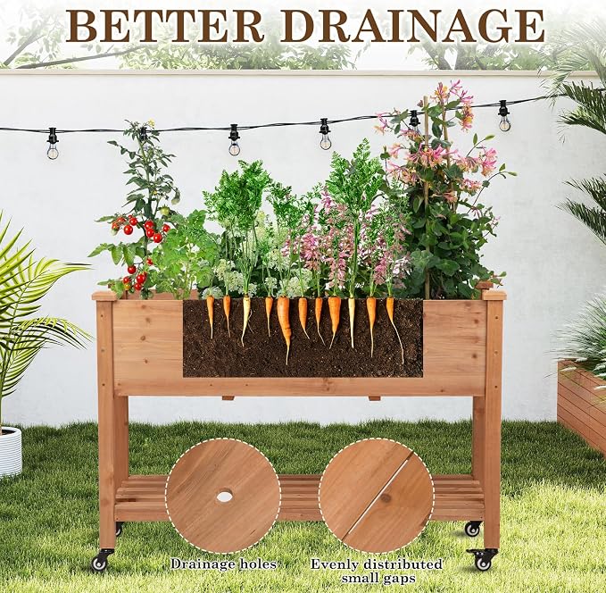 Raised Garden Bed with Lockable Wheels, 48x24x32 inch Elevated Wood Planter with Storage Shelf Protective Liner for Vegetable Flower Herb Outdoor Balcony Patio Backyard, Brown