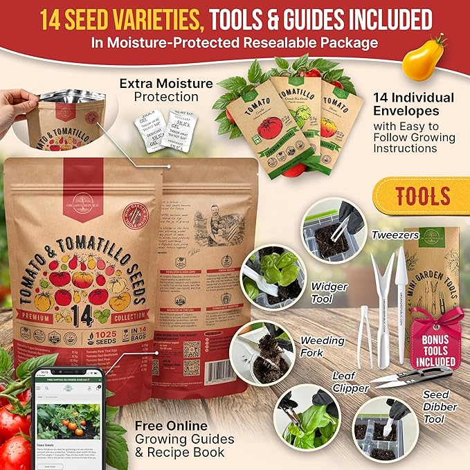 Organo Republic 14 Rare Tomato & Tomatillo Garden Seeds Variety Pack - 1,020+ Non-GMO Heirloom Tomato & Tomatillo Seeds for Outdoors & Indoor Home Gardening