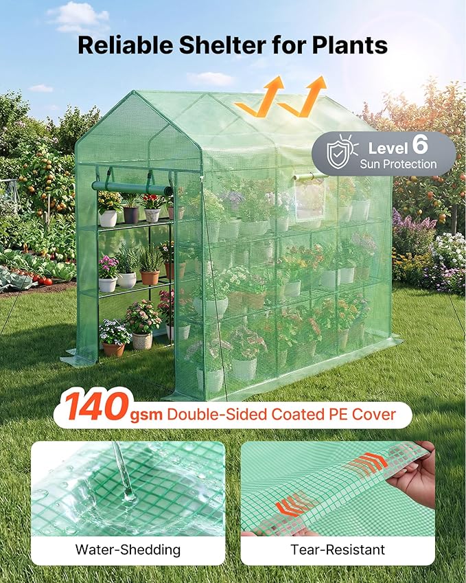 VEVOR Walk-in Greenhouse, 54" x 81.1" x 77.2" Greenhouse for Outdoors with Windows, PE Cover, 2 Tiers 14 Shelves, Roll-Up Zipper Door, Walk in Green House, Portable Plant Garden Hot House for Backyard