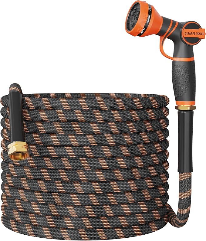 Giraffe Tools Non-Expandable Garden Hose 75FT 1/2” Lightweight Flexible Water Hoses Burst 600 psi with 9 Spray Function Nozzle Heavy Duty Hose