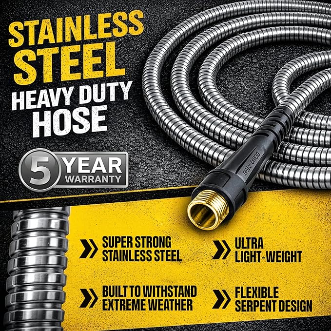 Bionic Steel PRO 50 Ft Metal Garden Hose with Nozzle, Water Hose Made from Heavy Duty 304 Stainless Steel, Flexible, Lightweight, Brass Fittings, Non Kinking, 500 PSI