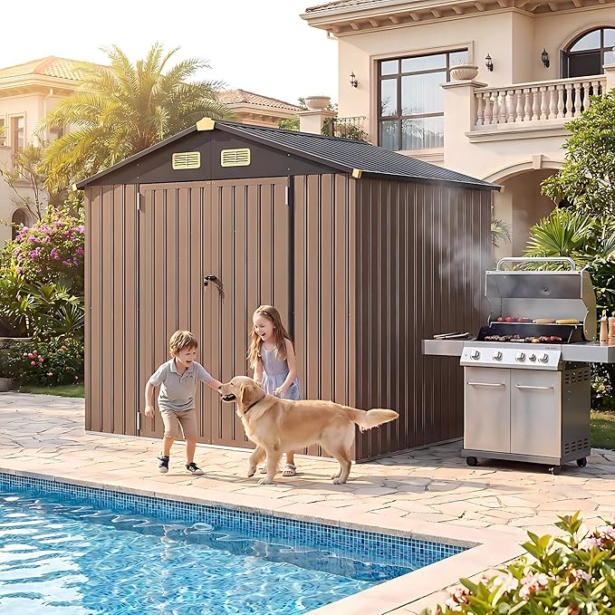 IRONCK 6×8 FT Shed, Galvanized Steel Tool Storage Shed with Lockable Double Doors & Ventilation, Outdoor Utility Storage for Wheelbarrow, Bikes, Yard Bins, Black Brown